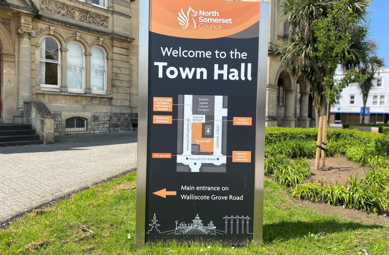 Welcome sign at the front of the Town Hall in Weston-super-Mare