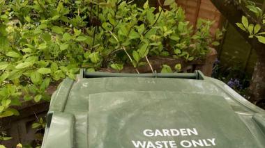 A photo showing a green garden waste bin with a North Somerset Council permit stuck to the lid
