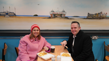Mayor Helen Godwin and Cllr Mike Bell enjoying chips in Weston-super-Mare